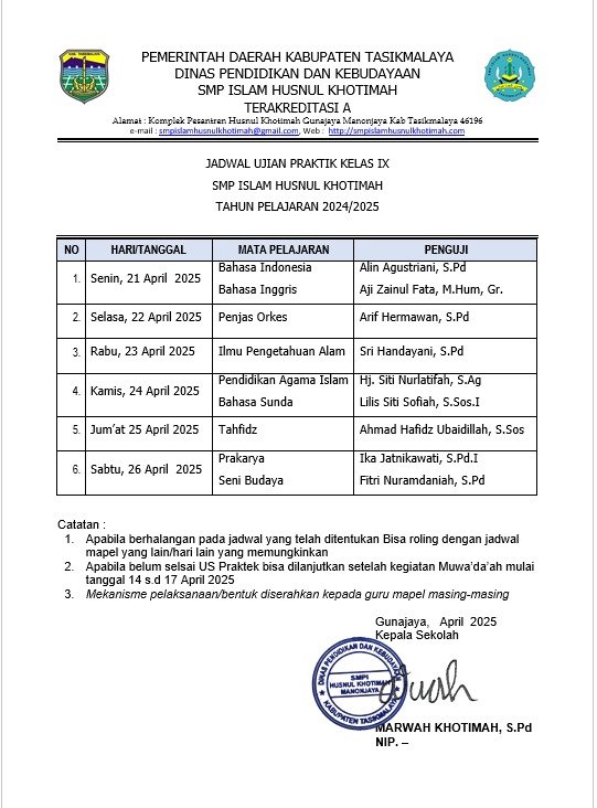 Jadwal Praktik Kelas IX SMP Islam Husnul Khotimah Tahun 2025